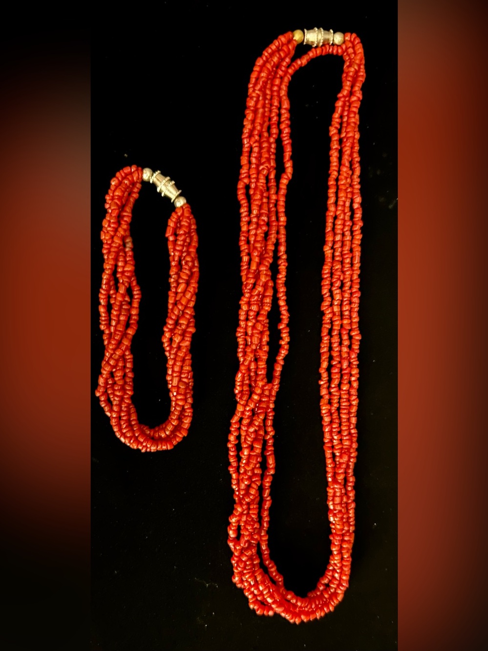 Red Multi-Strand Beaded Necklace and Bracelet Set